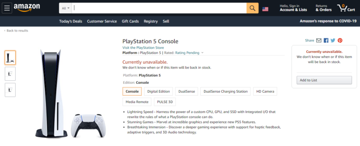 Amazon - PS5 out of stock - Screenshot