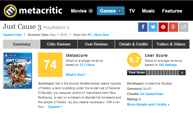 Just Cause 3 - Metacritic Score - PNG